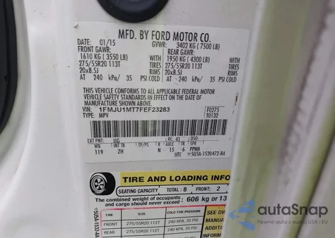 2015 Ford Expedition Platinum z USA, uszkodzony, nr VIN 1FMJU1MT7FEF23283